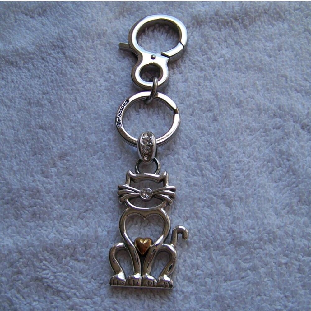 Brighton Silver Tone Cat Keychain Key Ring Purse Charm Gold Heart Retired